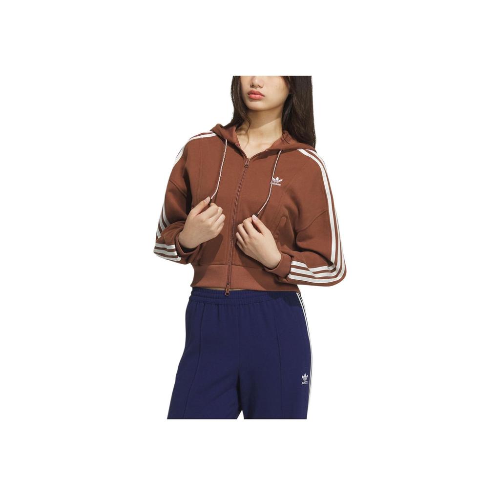 adidas Originals Women Soft Knit Long Sleeve Three-Stripes Casual Outerwear Jacket Brown JM8058