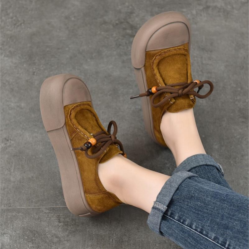 Johnature Genuine Leather Thick Sole Women's Shoes Round Toe Lace-up Versatile Casual Flat Platform Shoes