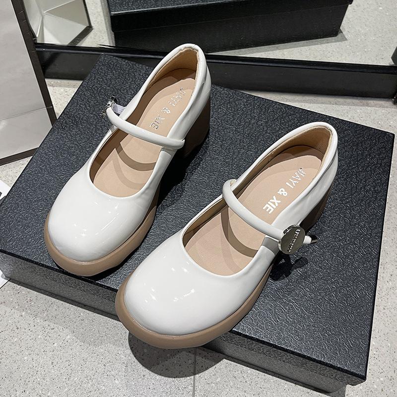 Patent Leather Round Head Mary Jane Shoes Women's Spring and Summer Comfortable Thick Heel Light Mouth Single Shoes High Heel One Word with Shoes