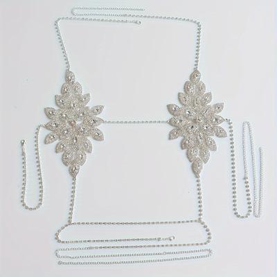 Γυαλιστερό Flower Rhinestone Crop Top Σουτιέν Αλυσίδα στήθους/ Εσώρουχα Αλυσίδα στρινγκ Σέξι κοσμήματα με αλυσίδα σώματος