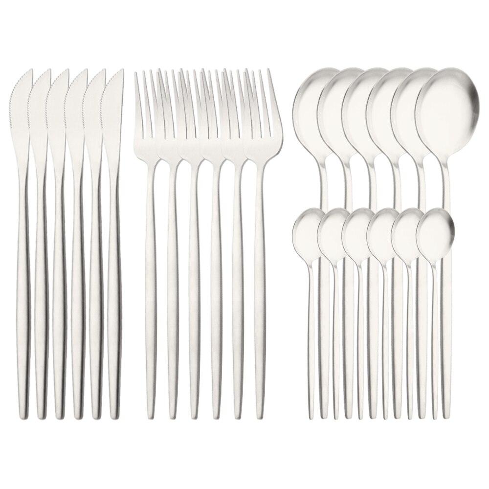 24 deler Matt Svart Gull Bestikksett Gaffel Skje Kniv Bestikksett Rustfritt stål Bestikk Komplett servisesett Kjøkken