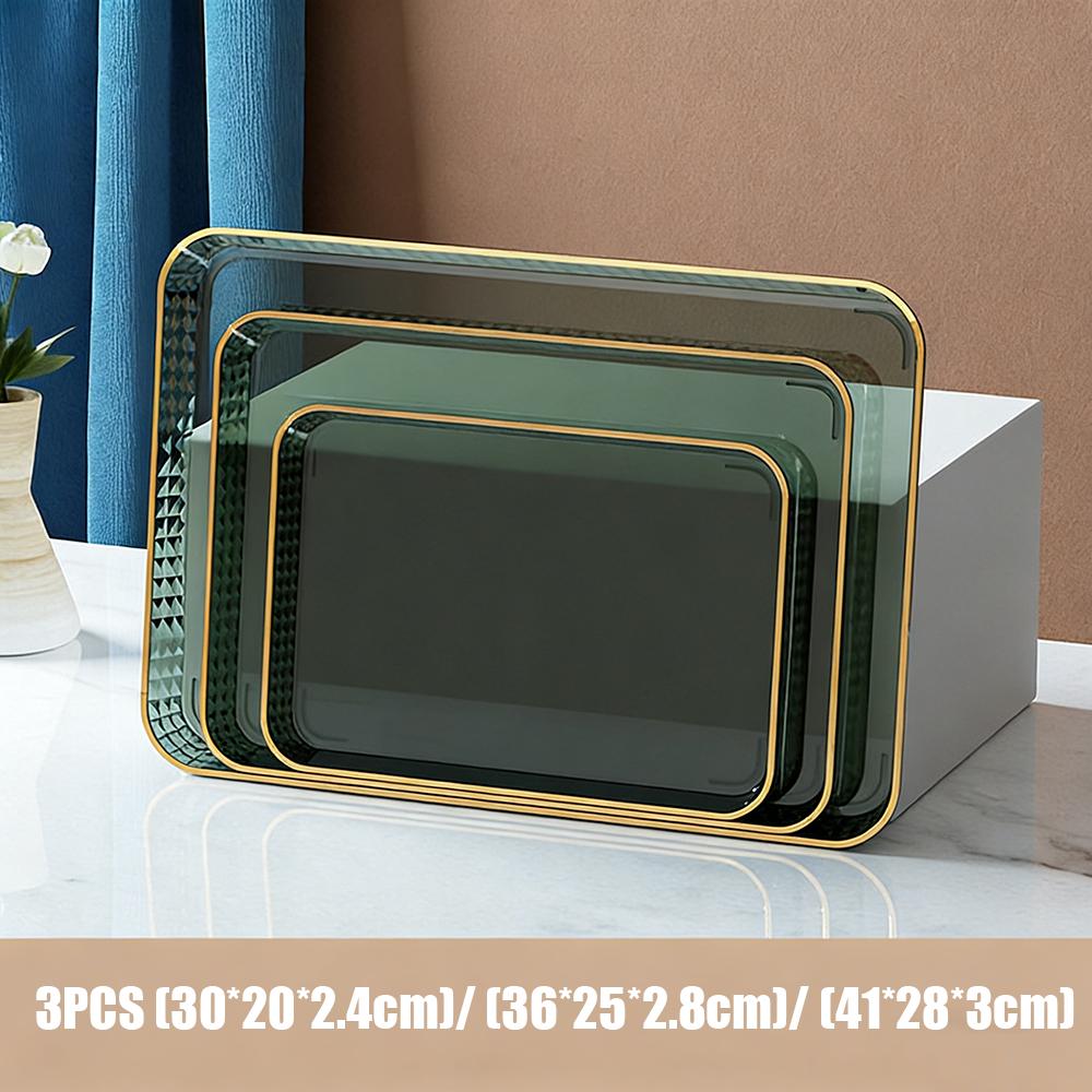 

3pcs Light Luxury Tray Set Transparent Tray Rectangular Dinner Plates Plastic Gold Edge Dessert Fruit Storage Tray Dinner Plates зелений