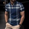 Letní kostkované tričko s krátkým rukávem Pánská ležérní polokošile s klopou