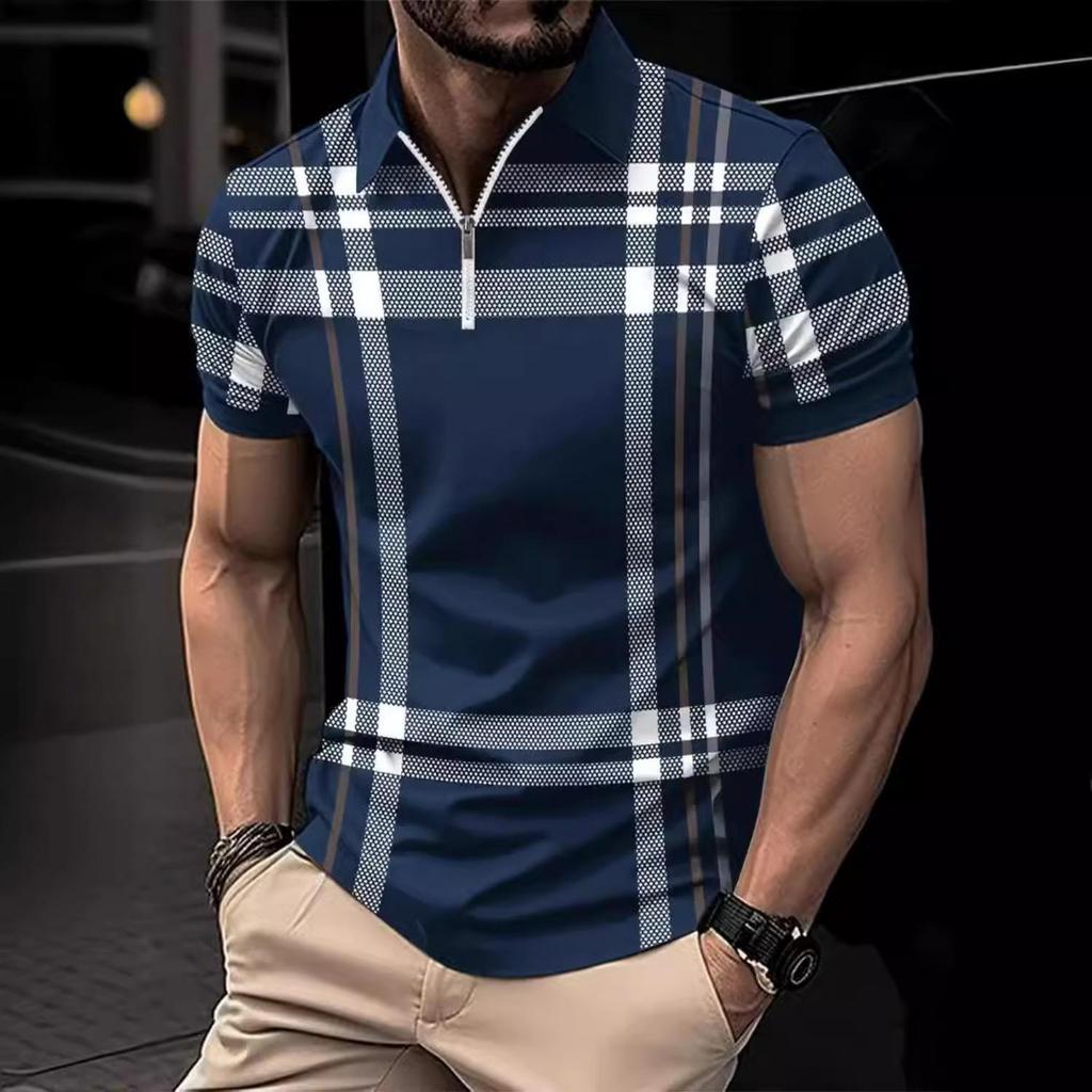 Letní kostkované tričko s krátkým rukávem Pánská ležérní polokošile s klopou