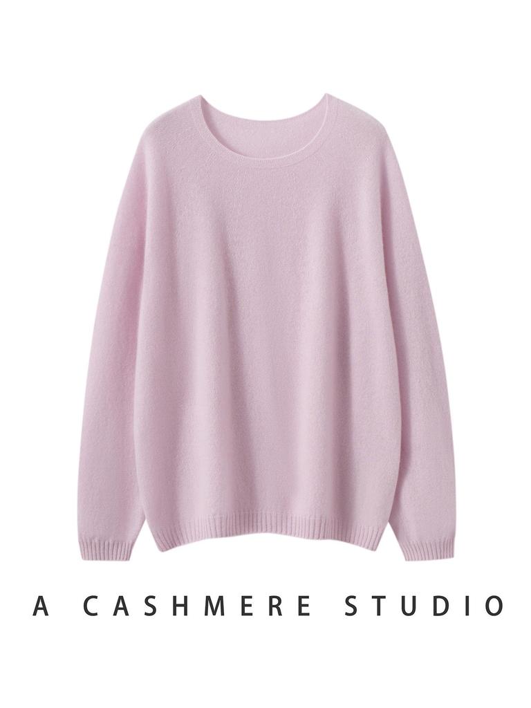 Women's Round Neck Versatile Cashmere Sweater - Solid Color, Long Sleeve, Fashionable Lazy Style for Spring, Autumn, and Winter