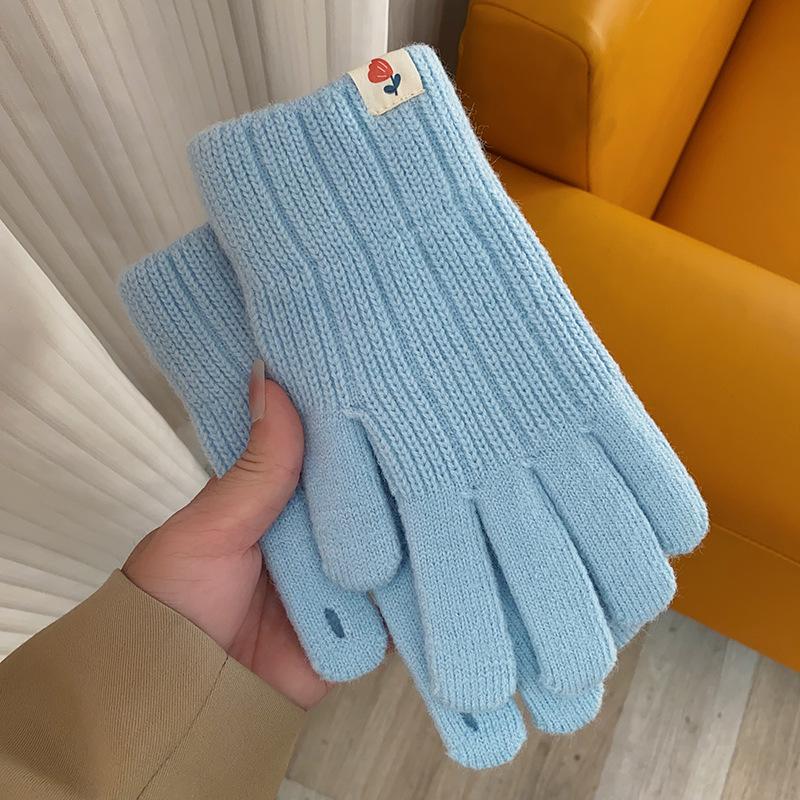 Warm Gloves for Men and Women In Autumn and Winter Solid Color Simple Versatile Woolen Knitted Brushed Thickened Five Finger Split