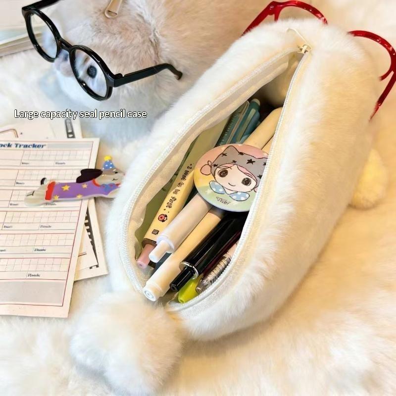 Kawaii Seal Plush Pencil Bag With Glasses Frames Large Capacity School Supplies Storage For Girls Stationery