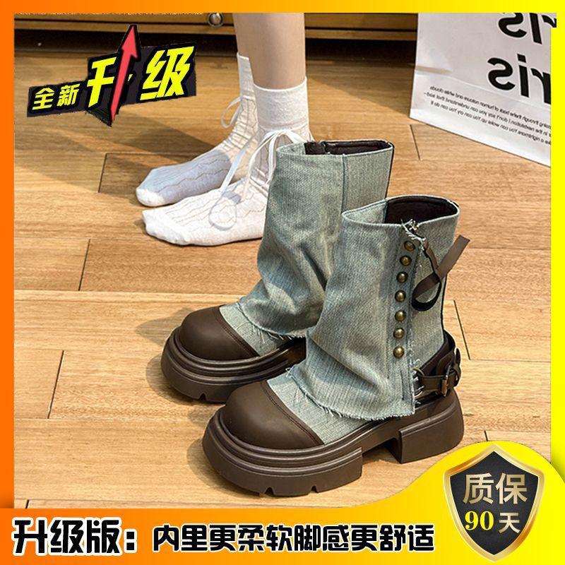 Cowboy Tube Boots Women's Platform Small British Style Martin Boots 2025 New Summer Retro Stacked Short Boots