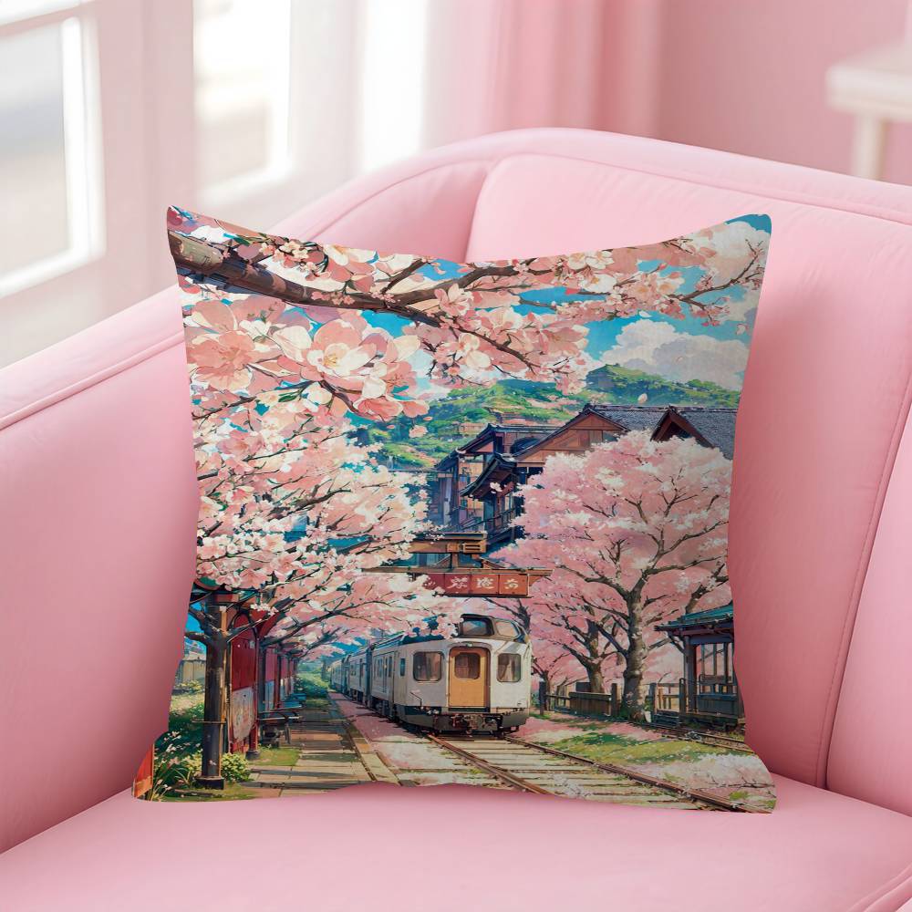 Japanese Street Train Scenery Sakura Cushion Cover Pillow Cover Decor Pillowcase Printed Cushion Case For Couch