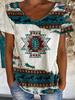 Damen Retro Ethno-Stil Bedrucktes V-Ausschnitt Kurzarm T-Shirt