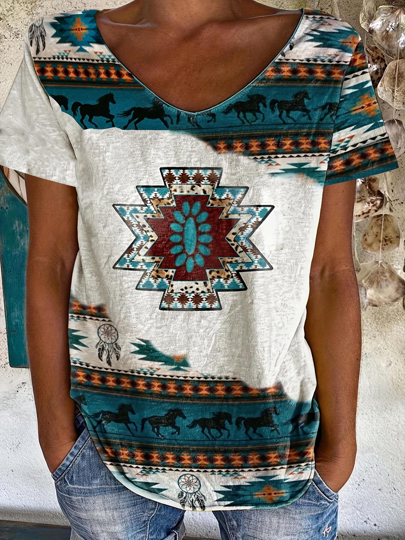 Women s Retro Ethnic-Style Printed V-Neck Short-Sleeve T-Shirt S