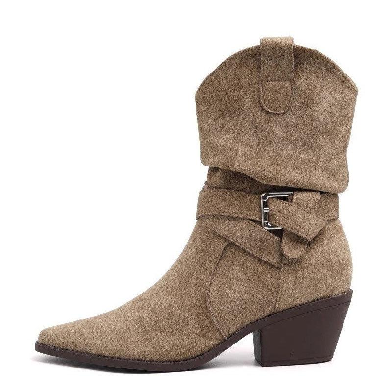 Französische Retro-Kurzstiefel Damen Frühling und Herbst neue Western-Cowboystiefel Damen dicker Absatz spitz mittelhoher Schaft Stiefel zum Stapeln Kurzstiefel