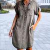 Ladies Dress Button Pocket Short Sleeve Lapel Solid Color Daily Wear Single-breasted Side