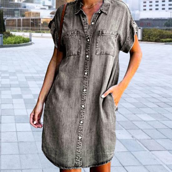 Ladies Dress Button Pocket Short Sleeve Lapel Solid Color Daily Wear Single-breasted Side