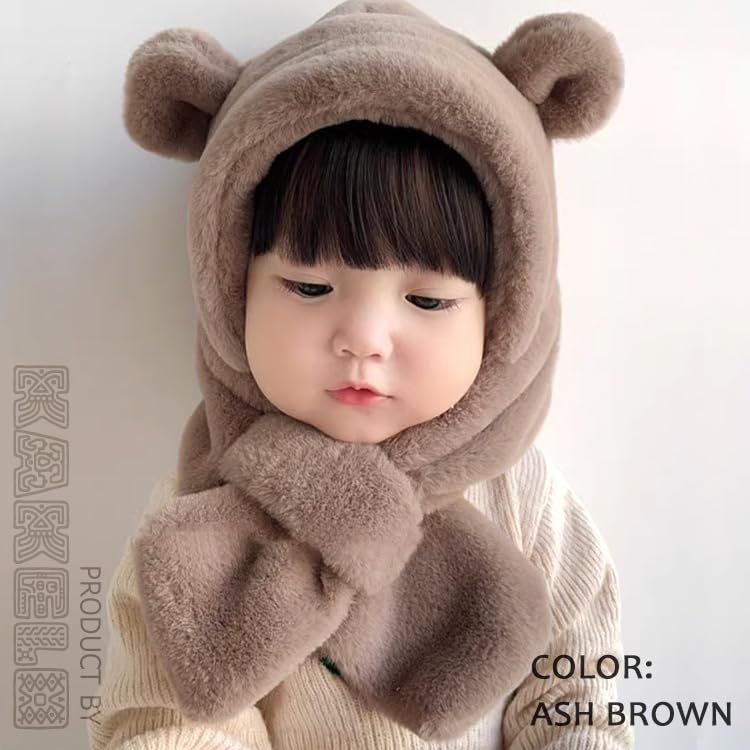 KAKELO KAKELO Winter Fur Knit Hat with Fluffy Bear Animal Design for Babies and Kids Hat, Scarf, Ears, (Pink)