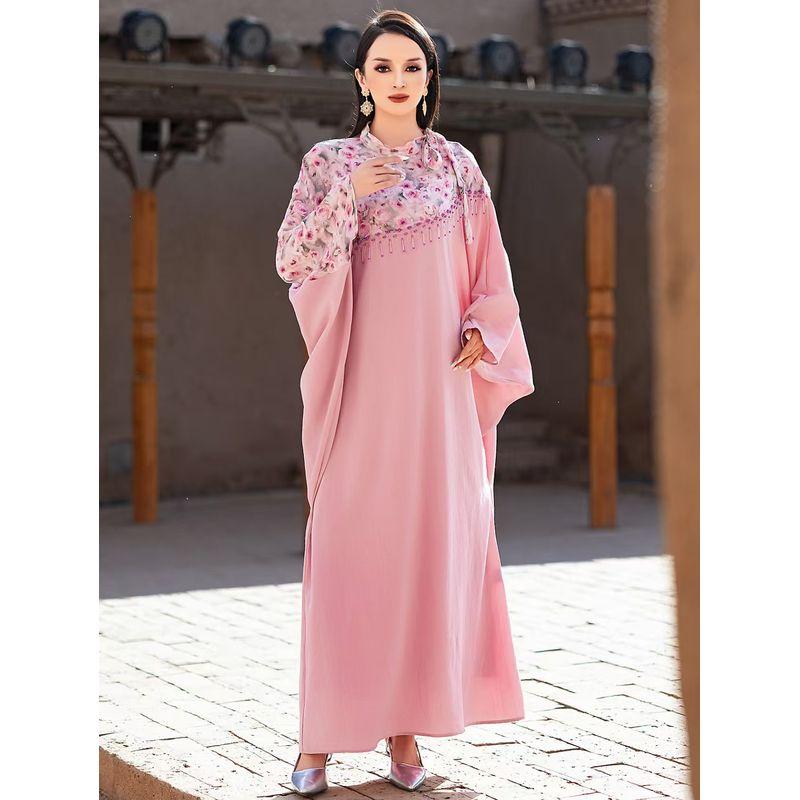 Middle East Dubai Fashion Floral-Print Beaded Robe Batwing Sleeve Dress Printed Bat Sleeve Dress