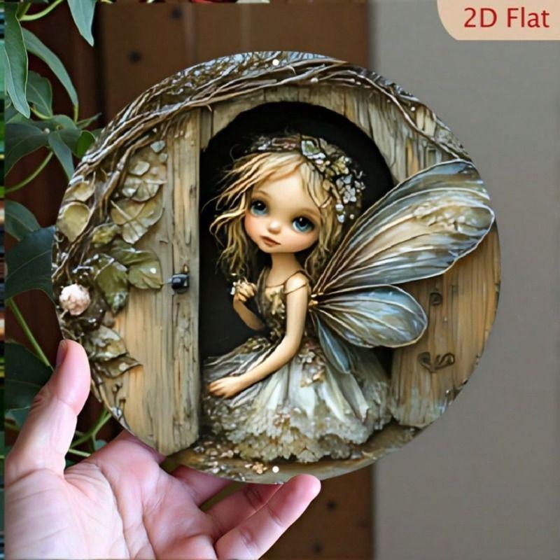 Metal Wall Art Magical Fairy Bright Eyes Wings Round 8x8 inch Home Decor