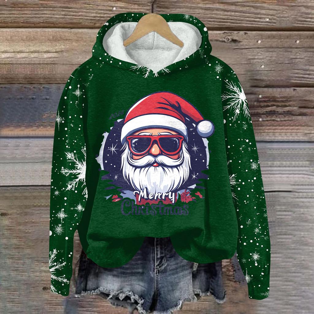 Women's Fashion Casual Pullover Plug Sleeve Christmas Printed Hooded Sweatshirt