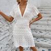 Women Bikini Cover Up Beach Smock Dress Beachwear Sarong Hollow Cover Ups Summer Female Short Sleeve Deep V Neck Swimwear