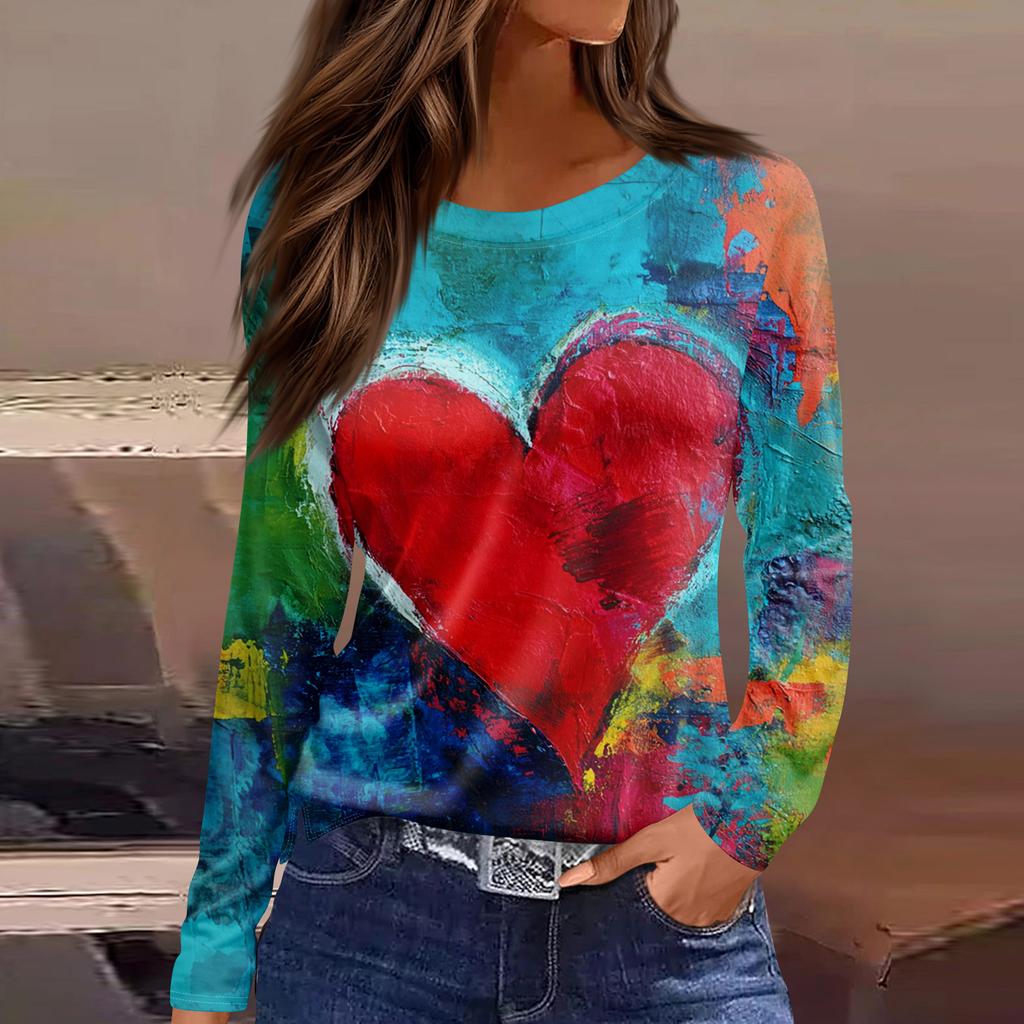 Women's Fashion Casual Slit Hem Round Neck Long Sleeve Loose Printed T-Shirt Ladies Top