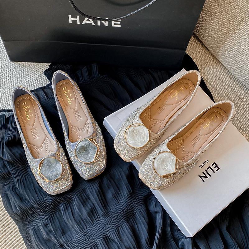 Versatile Shallow Mouth Single Shoes Women's Summer Metal Buckle Boat Shoes Rhinestone One Pedal Ladyshoes Large Size Flat Beanie Shoes