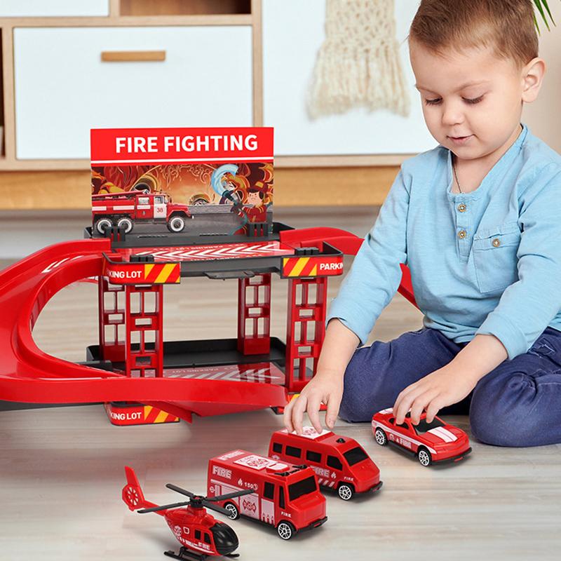 Kinder-Schienenbahn Parkplatz Spielzeug Mehrstöckiges Parkhaus Feuerwehr Polizei Baustellenfahrzeug Auto Spielzeug