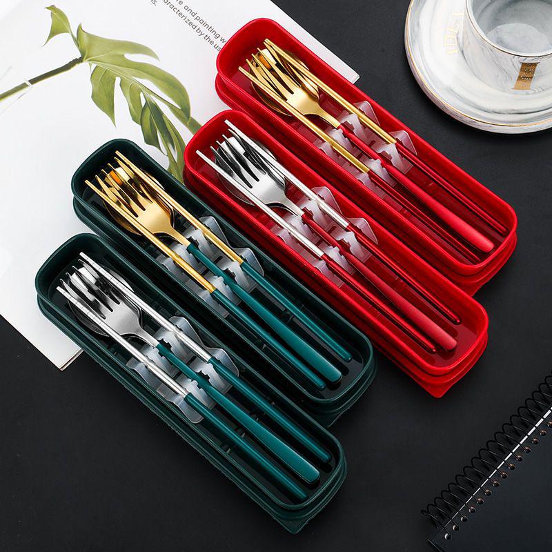 Korean Portable Stainless Steel Cutlery Set: Spoon, Fork & Chopsticks with Travel Box. Custom Logo Option Available.