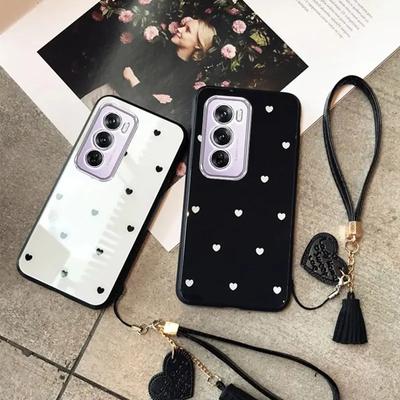 עבור Oppo A80 5G A40 4G A40M כיסוי לב קטן מלבן זכוכית קשיחה אחורית עבור OPPO A60 A3X A3 Pro עמיד בפני זעזועים עם שרוך יד כיסוי טלפון עם קצוות רכים