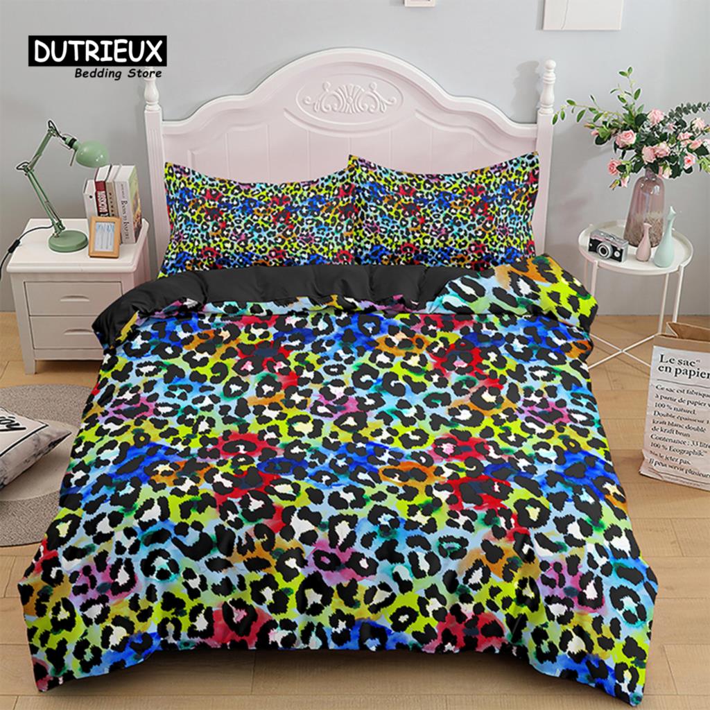 Colorful Leopard Print Bedding Set Microfiber Animal Skin Pattern Print Duvet Cover For Teens Adults Pillowcases Bedroom Decor