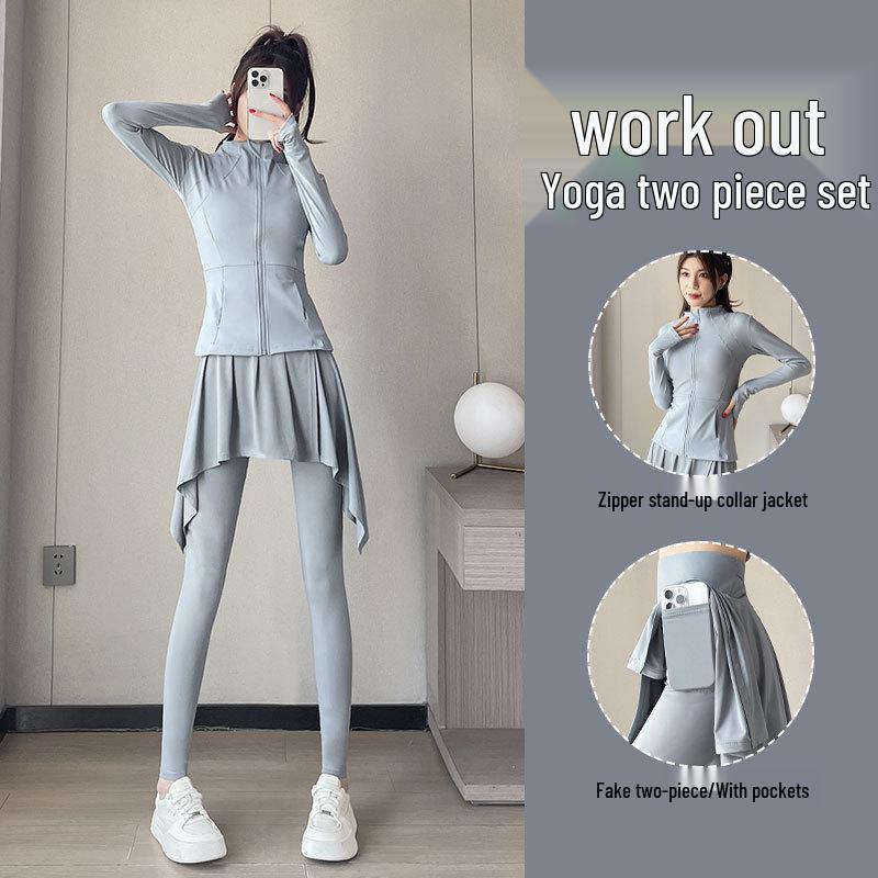 Women's Autumn 2024 Yoga and Sportswear Set: Running Jacket, Tennis/Badminton Skirt, and Fitness Pants