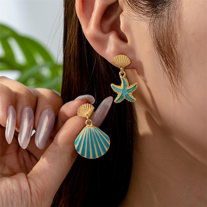 Delicate Blue Crystal Starfish Turtle Earrings for Women Summer Holiday Metal Shell Sea Star Earring Jewelry Girl Gift