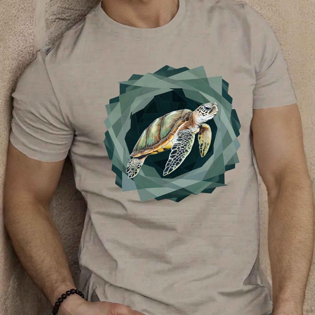 Geometric Sea Turtle Graphic Tee Men Casual Summer Short Sleeve Breathable Cotton TShirt