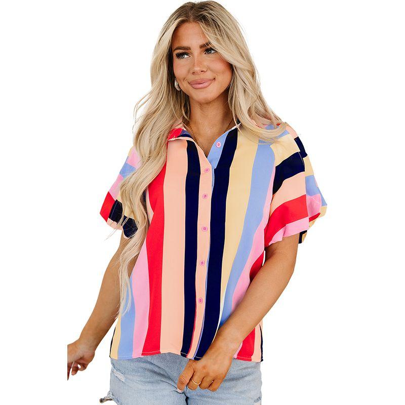 

Fashion Fashion Commuter Color Stripes Puff Sleeve Shirt Female 2025 Early Spring New Arrival Single Breasted Half Sleeve Shirt Color Size S fit (45.00 kg-55.00 kg