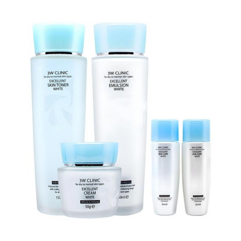 3W Clinic Excellent White Skincare Set (Skin Toner 150ml + 30ml / Emulsion 150ml + 30ml / Cream 50ml)