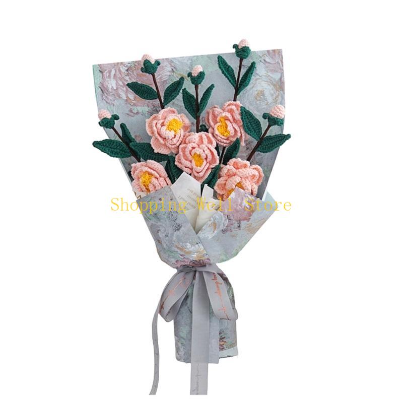 

KX4B Valentine s Day Gift Handmade Wool Crochet Finished Simulation Camellia Decor рожевий