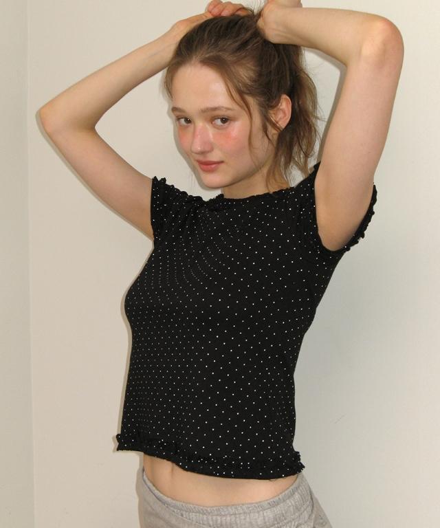 RONRON Neck Ruffle Short Sleeve T Shirt Black Dot