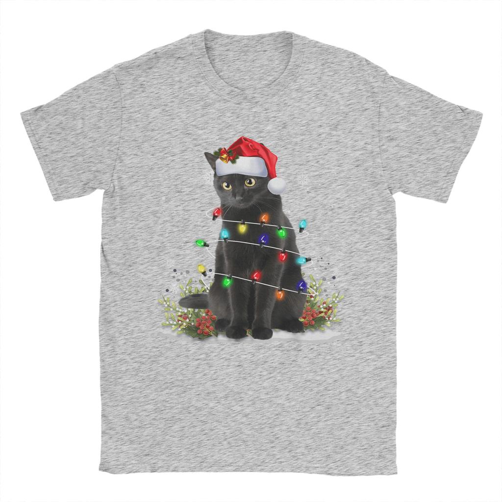 Men's Black Cat Christmas Santa Hat Funny Meowy Cats T-Shirts Clothing Beach Short-Sleeve T-Shirt O Neck Harajuku Tee Shirt