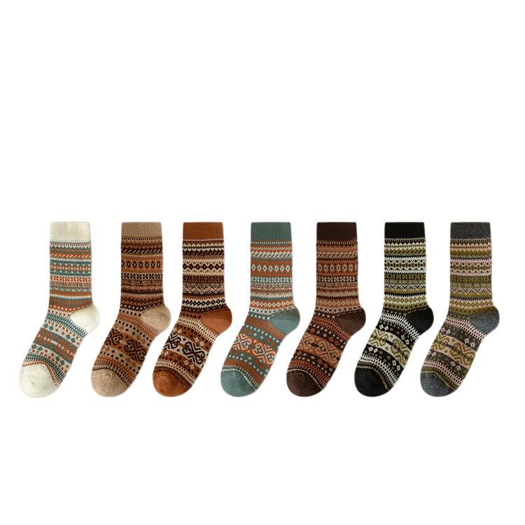 Meilaide Women's Retro Double-Needle Mid-Calf Striped Cotton Socks, Ethnic Style, Winter-Ready