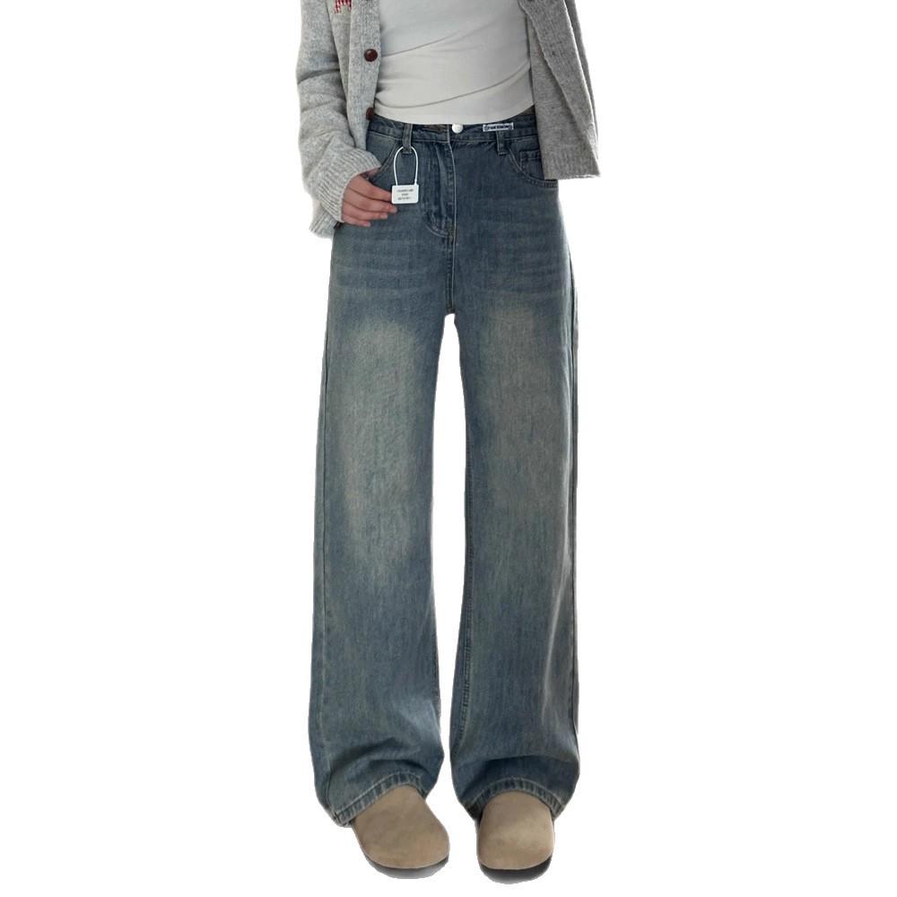 Women's Retro Blue Fleece-Lined Plus Size Straight-Leg Jeans for Autumn/Winter