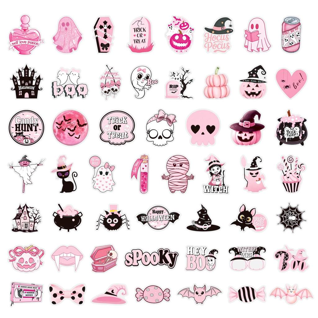 50 Cartoon Pink Halloween Stickers: Double-Sided, Waterproof Decoration for Journals & Water Bottles