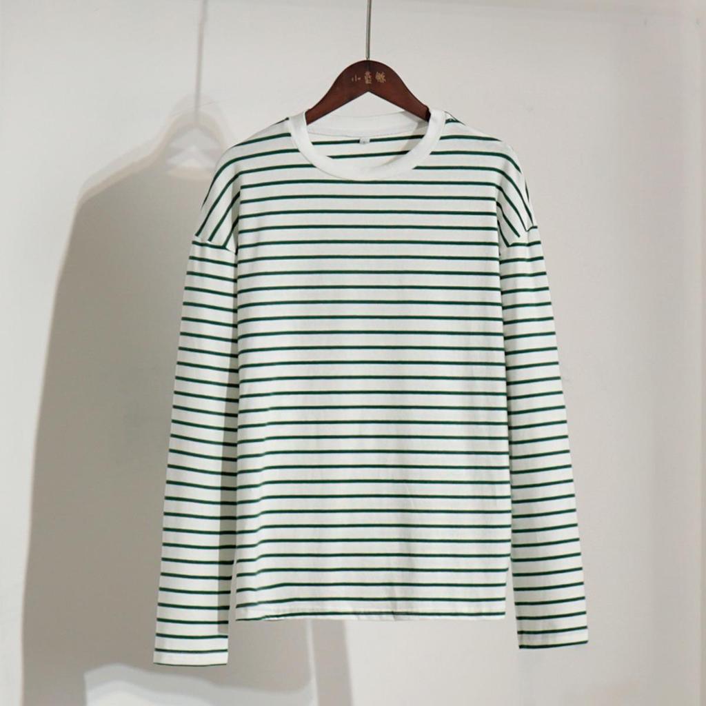 Casual Women's Long Sleeve Round Neck Striped Cotton Top for Spring Fashion Versatile T-shirt America and Europe