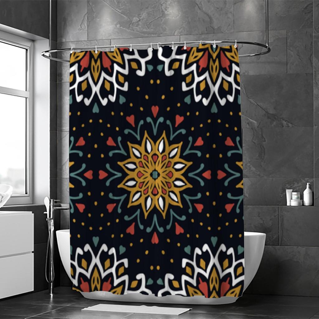 Golden Baroque Symmetrical Shower Curtain, Paisley Bohemian Tribal Ethnic Damask Ornament Luxury Design Bathroom Shower Curtain