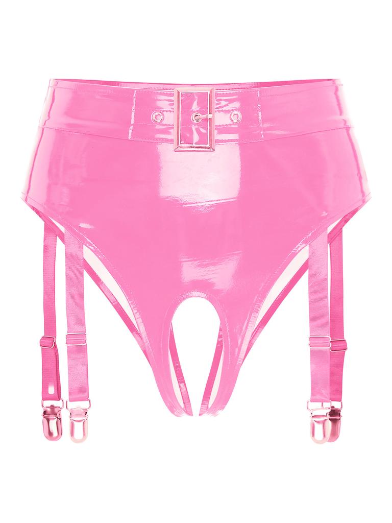 Womens Wet Look Patent Leather Lingerie Set Wire-free No Pad Bra Top High Waist Open Crotch Thong with Garter Clips for Clubwear
