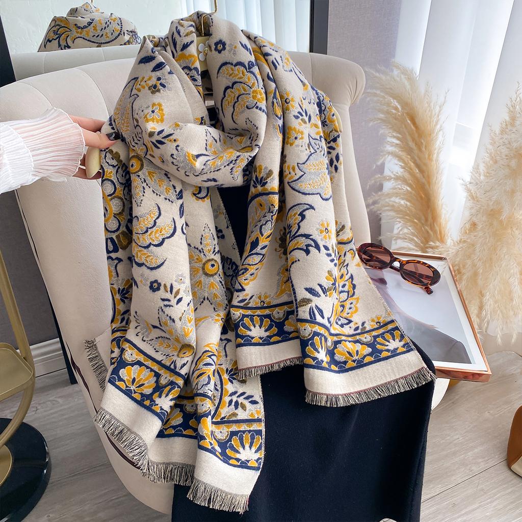 Neue Modemarke Blumen Schal Damen Wärmer Winter Pashmina Nationalstil Schals Stolen Weiblich Dicke Decke Wickeltücher Foulard