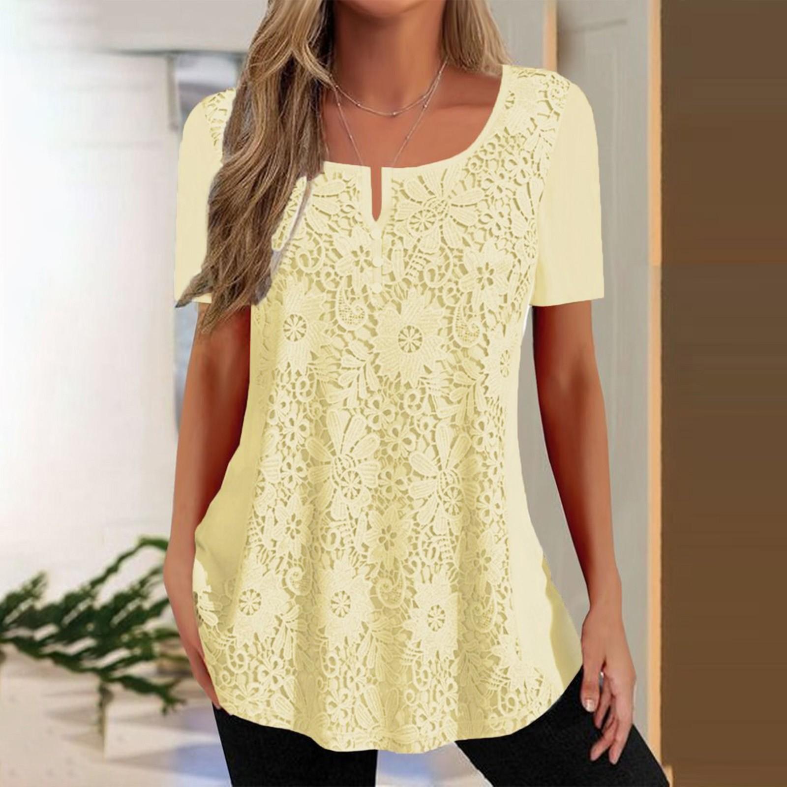 

Женский летний повседневный однотонный кружевной топ с коротким рукавом и круглым вырезом XL жёлтый