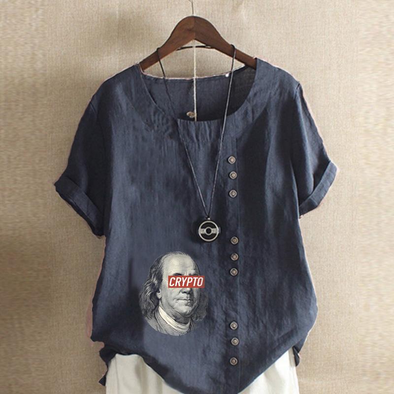 Women's Fashion Round Neck Short Sleeve T-shirt Casual Cotton Linen Graphic Shirt Character Prined Summer Blouse Tops Plus Size