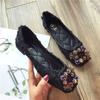 Autumn Fashionable All-match Rhinestone Square Buckle Square Toe Cloth Flat Heel Single Shoes Women's Soft Sole Moccasins