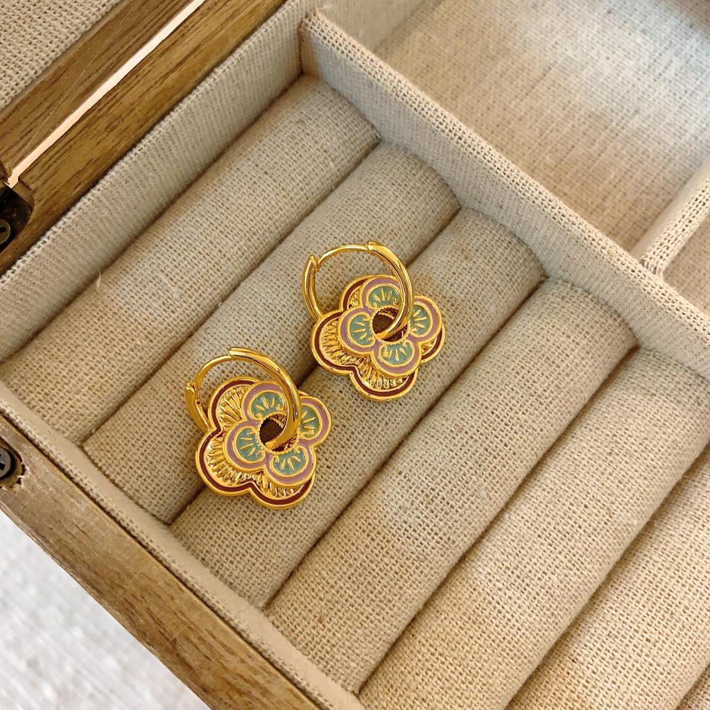 Pink Purple Enamel Earrings Women'S High-End Stud Earrings Light Luxury Temperament National Style Earrings