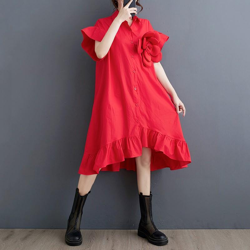 Vestido camisero largo informal holgado de verano con mangas cortas y estampado floral vintage de algodón de talla grande para mujer