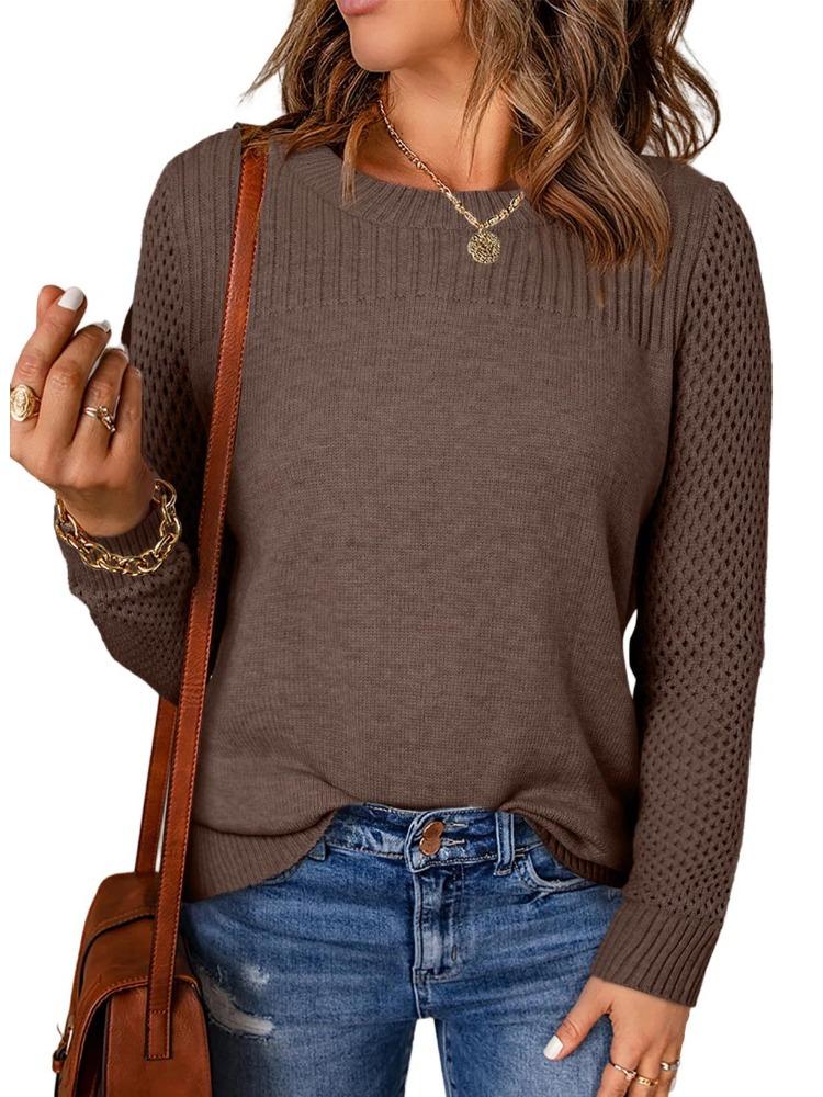 Autumn Winter Women's Round Neck Long Sleeve Solid Colour Knitwear Ribbed Openwork Base Layer Sweater Luxurious Relaxed-fit Slimming and Versatile Top